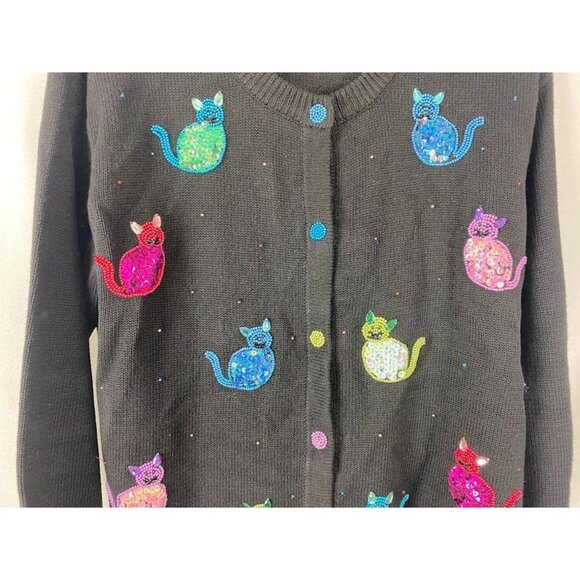 Terazzo Sequin Cat Button Down Cardigan Black 90's Women's Medium - Picture 4 of 14